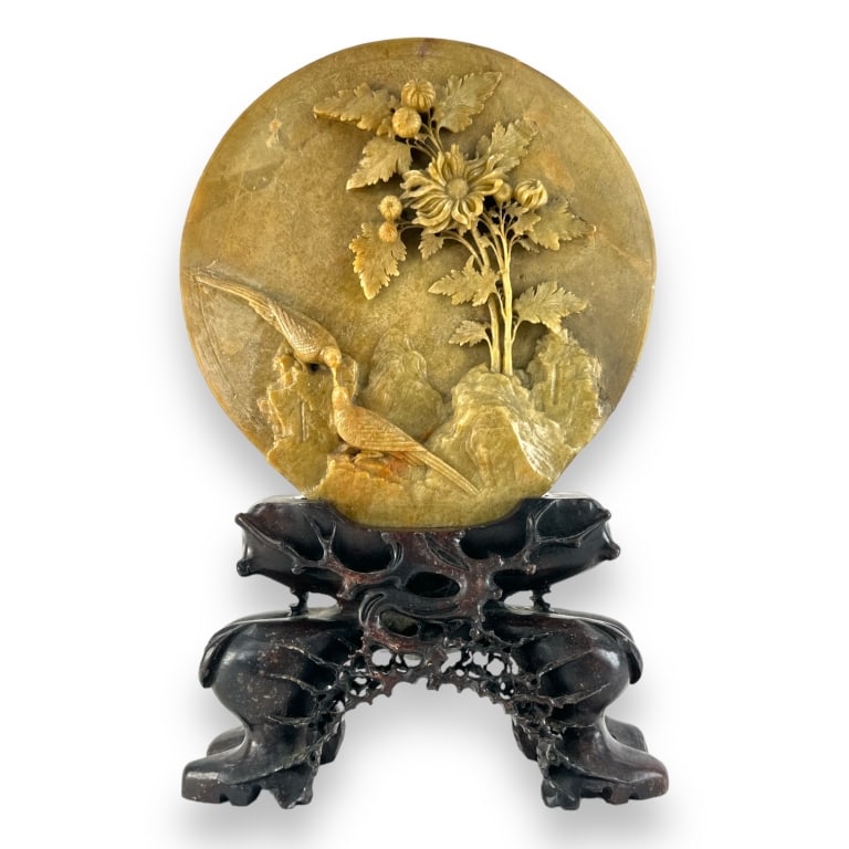 Antique Chinese Finely Carved Soapstone: Antique Chinese Finely Carved Soapstone Birds and Floral Motif Sculpture. Mid 20th C. This soapstone shows its natural charm and is carved win an embossed fashionwith high relief detail. The carved ar