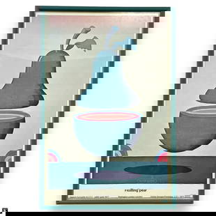 Milton Glasser 1977 "Floating Pear" Gallery Poster: Milton Glaser (AMERICAN / NEW YORK, 1929 - 2020) vintage 1977 Galerie D'Actualite du CCI poster depicting his "Floating pear" work. Mounted in a turquoise painted wooden frame over mat behind glass sc