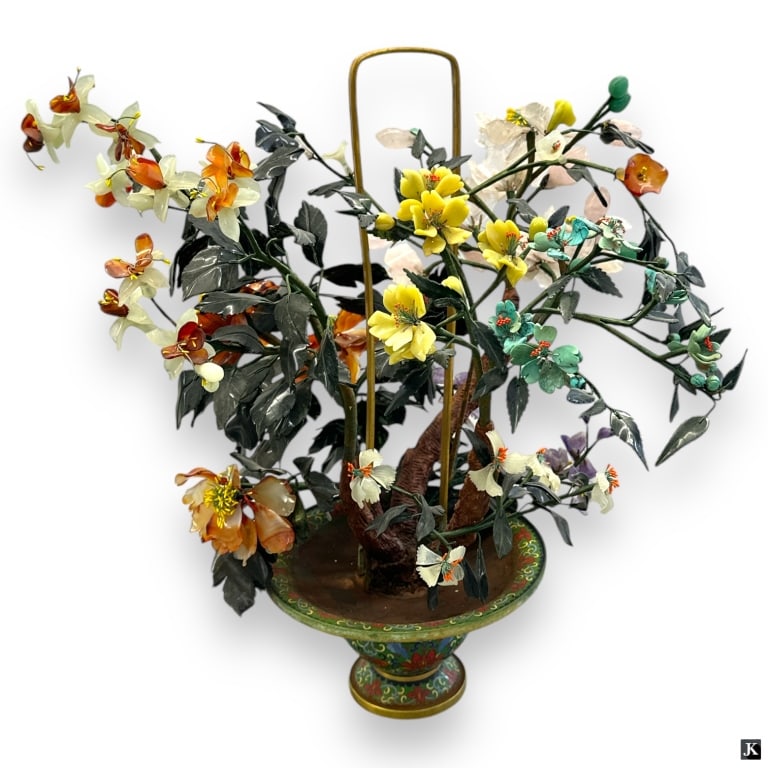 Vintage Chinese Multi Stone Cloisonne Jade Tree (1 of 4)