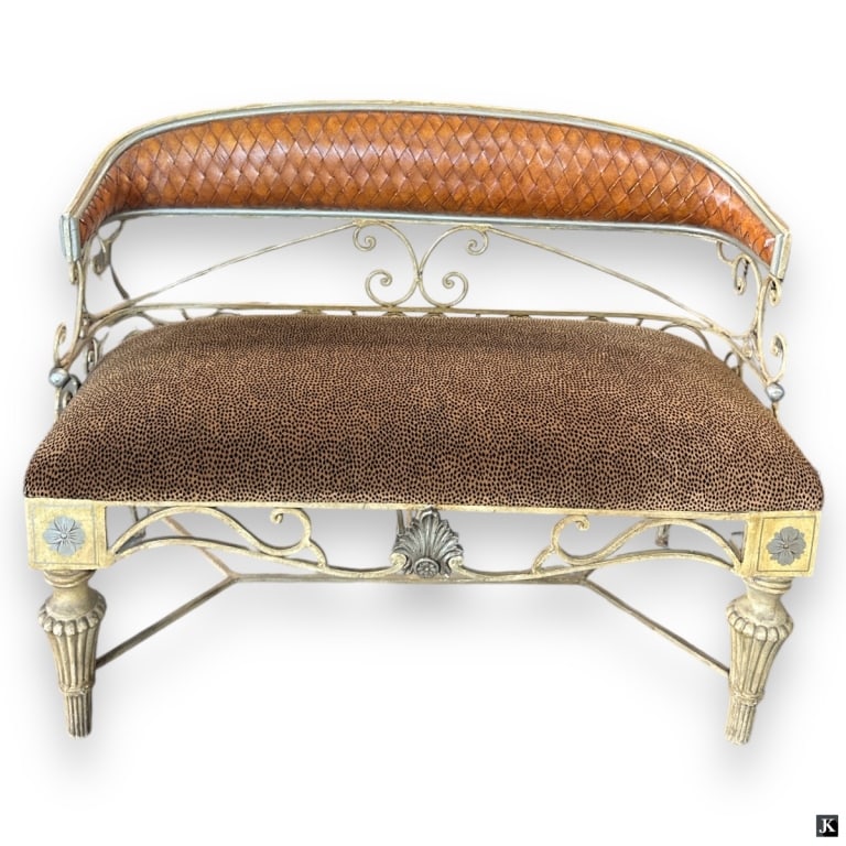 Painted Iron Base Braided Leather Back Bench (1 of 2)