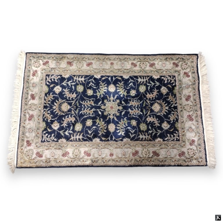 Vintage Persian Hand Woven Silk Floral Frug: Vintage Persian hand woven silk rug having a floral motif. Has a floral bloom and scrolled vine with leaves motif. Completed with fringe to each end. Has a Tibal Looms label. Measures approx. 47" leng