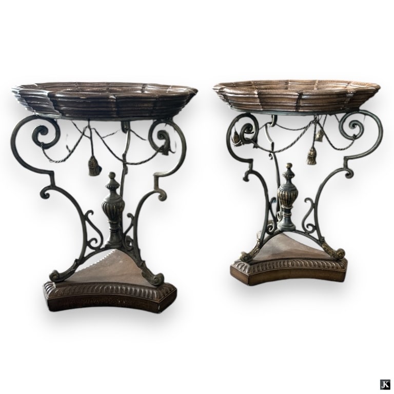 Pr Vintage Metal Frame Wooden Bowl Top End Tables (1 of 2)