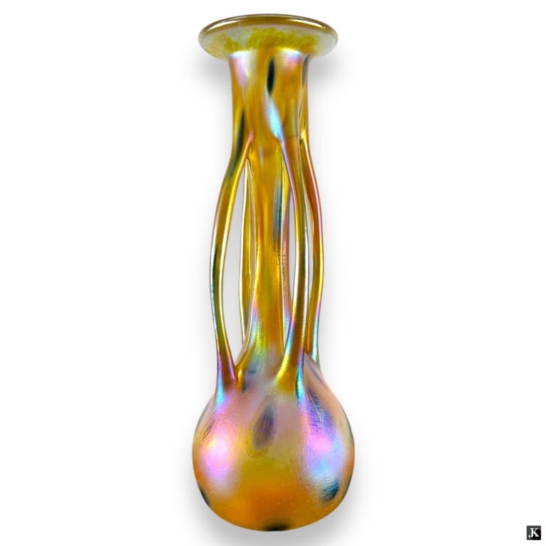 Fusion Z Bohemian Art Glass Vase: Fusion Z Bohemian Loetz Style Art Glass Vase. Iridescent gold glass with purple oil spots. Original label affixed to body. Cut pontil bottom. Good condition. Measures 14" H.32S***All items must be rem