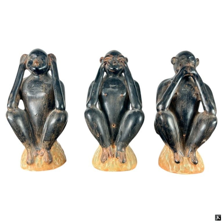 Vintage Three Monkies Brown Glaze Ceramic Figures (1 of 4)