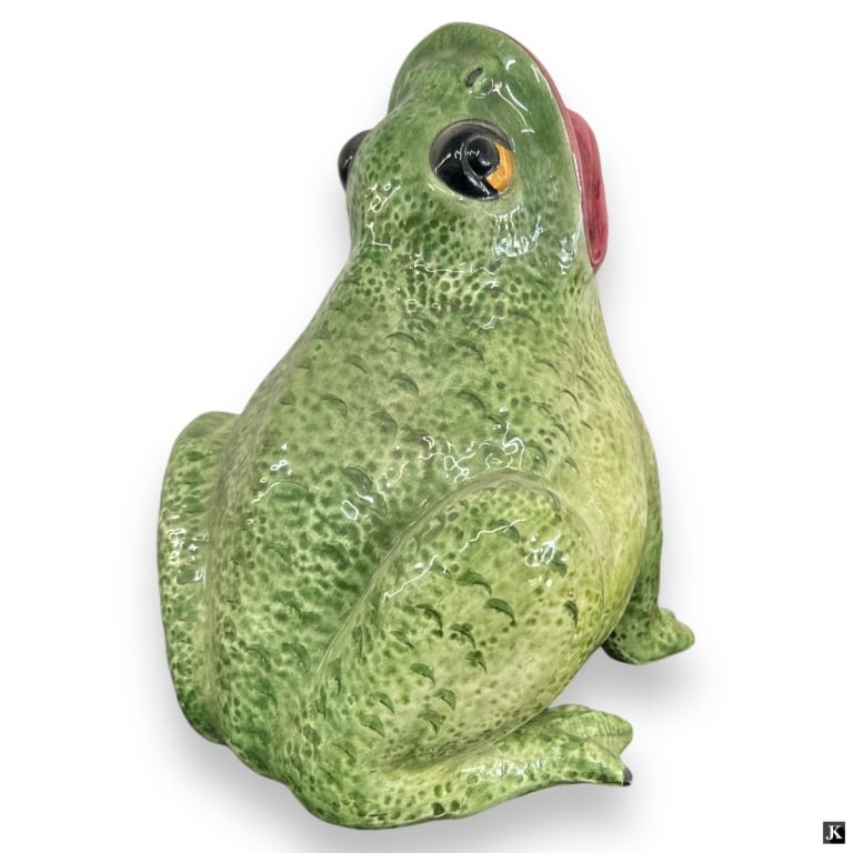 Jay Wilfred Italian Porcelain Frog Sculpture: Jay Wilfred Italian glazed porcelain sculture depicting a frog. Can be used as a vase. Retains label to bottom. Measures approx. 9 1/2" height x 8" width x 7 1/2" depth. Appears in overall good condit