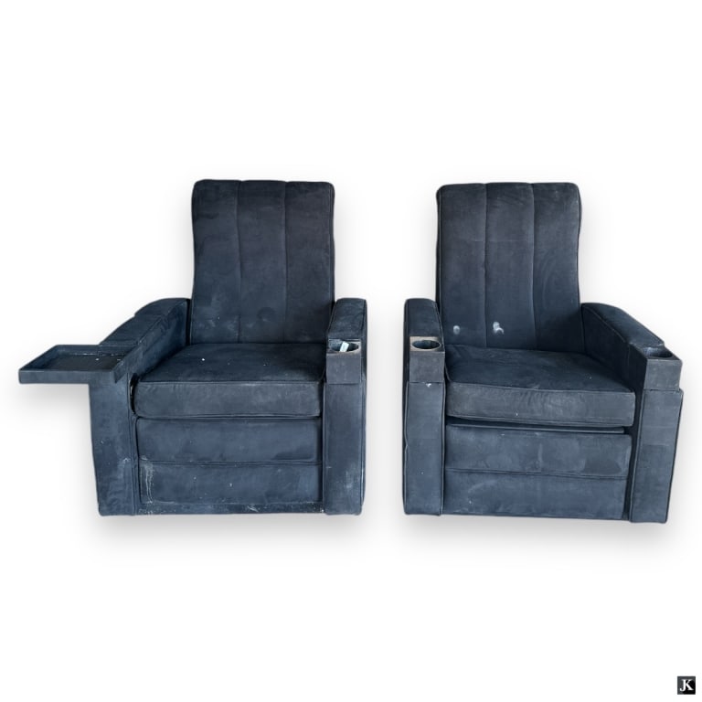 Pair Of Black Upholstery Recliner Chairs: A pair of black upholstery recliner chairs with cupholders and tray. Measures approx. 39 1/2" height x 32" width x 36" depth. Appears in overall good condition.MK/32S***All items must be removed from