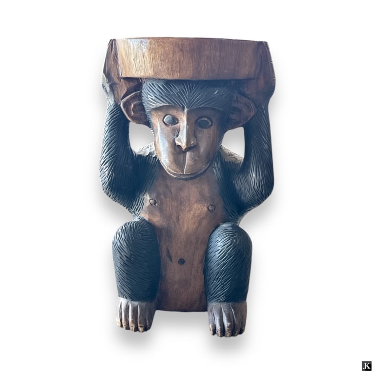 Carved Figural Seated Monkey Pedestal Stand (1 of 2)