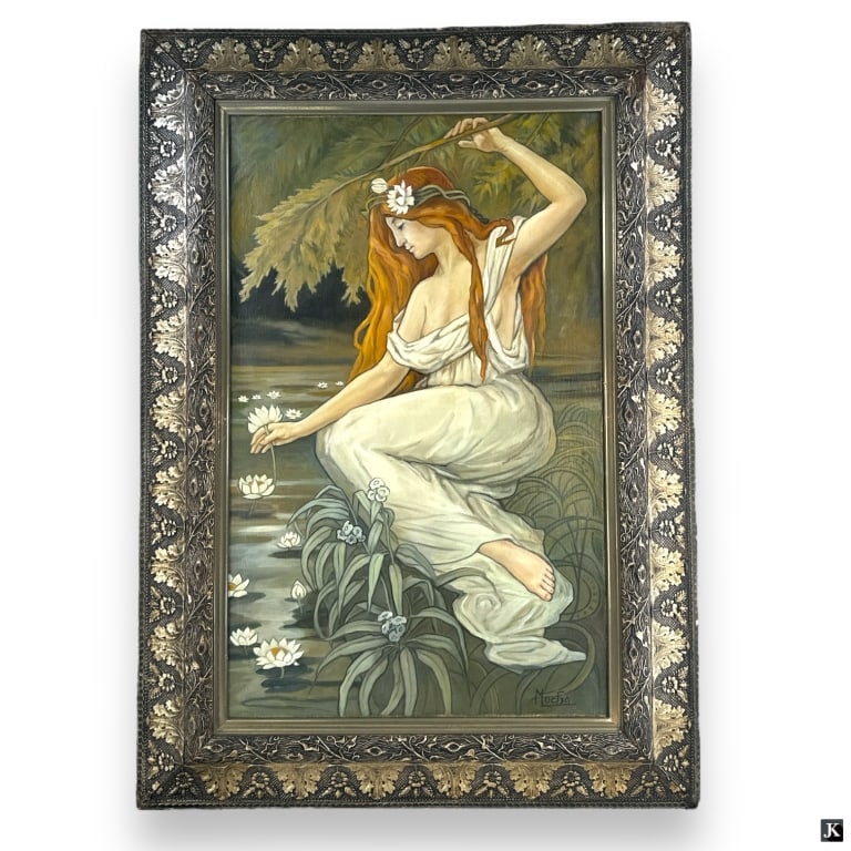 Attrib: Alphonse Mucha (1860 - 1939) Oil on Canvas: attributed to: Alphonse Maria Mucha (1860 - 1939) Oil on canvas "Girl With Water Lilies". Signed lower right, old gallery label verso. Nicely framed. Good condition. Measures 37-1/2" x 23", frame meas