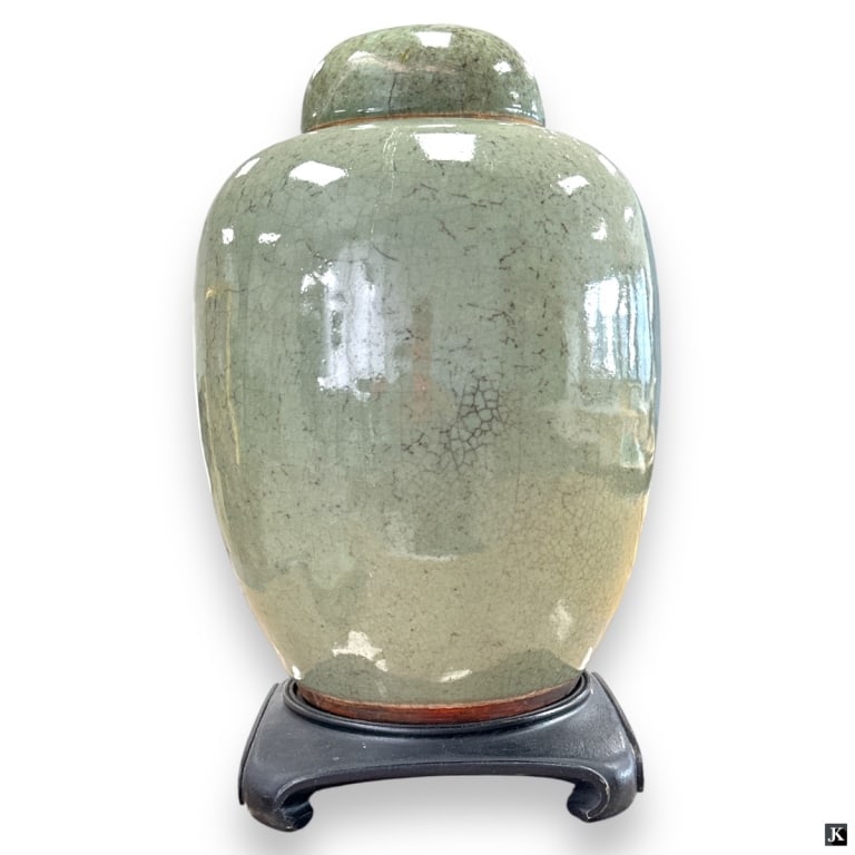 Large Celadon Crackle Glaze Porcelain Covered Urn (1 of 4)