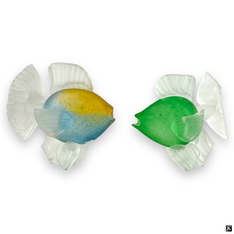 Two (2) Daum Style Frosted Glass Fish Figurines: Two (2) Daum Style Frosted Glass Tropical Fish Figurines. Unmarked. Good condition. Larger measures 9" H x 10" L. LA/B13/SH:15A