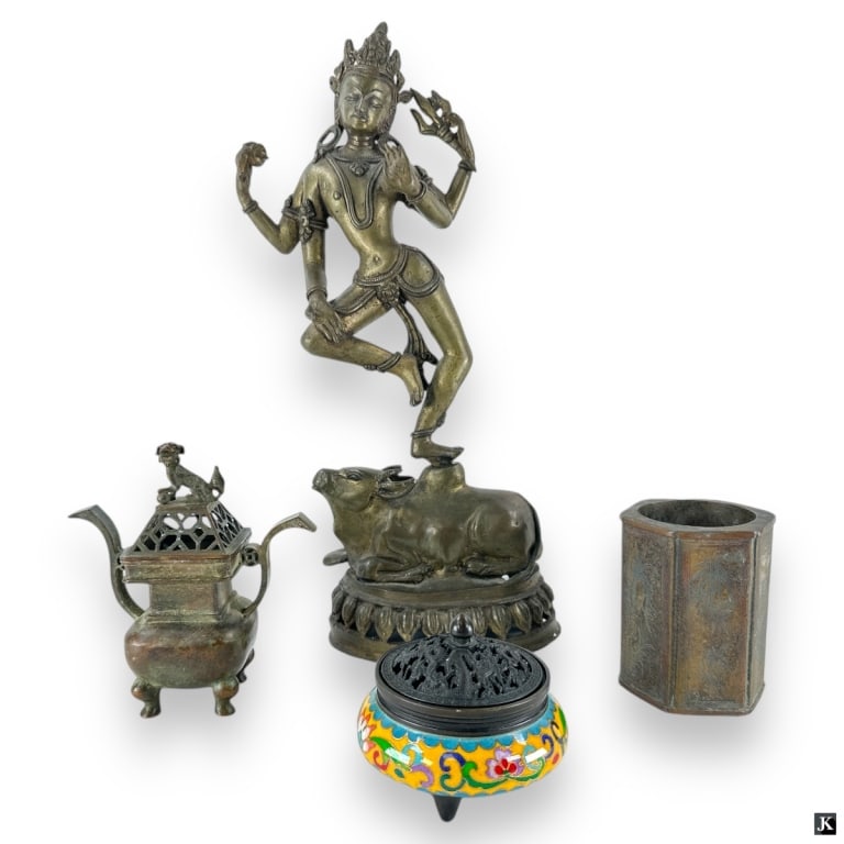 Group of 4 Asian Bronze Figure, Censors, Brush Pot (1 of 3)