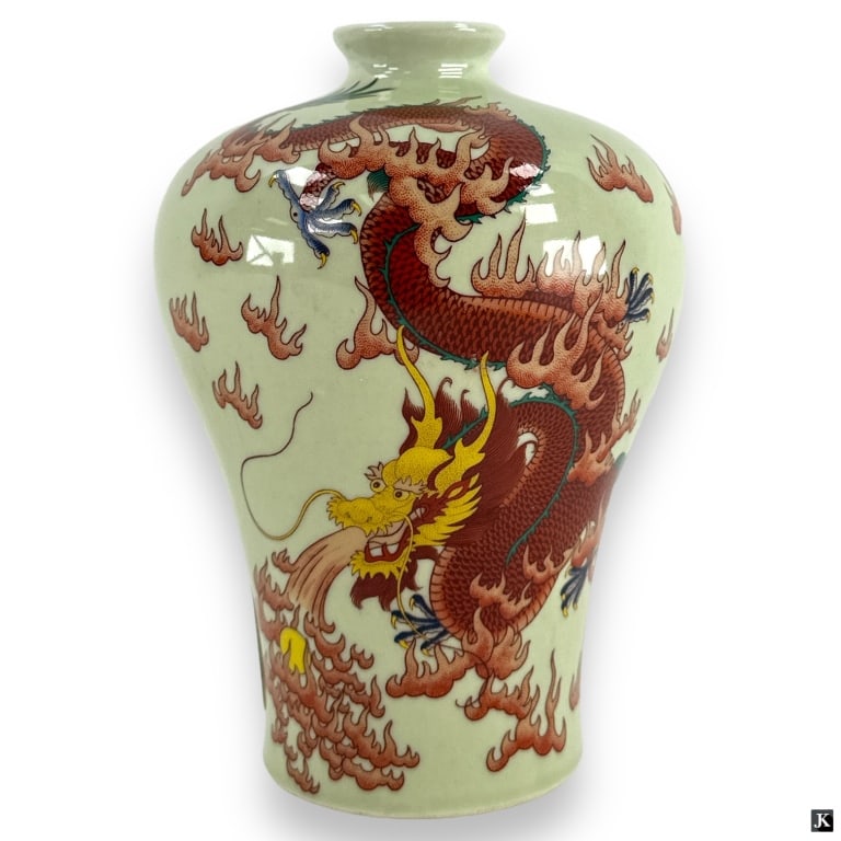 Chinese Guangxu Porcelain Dragons Mei Ping Vase: Chinese Qing hand painted porcelain vase of Mei Ping form depicting dragons. Verso with rust red calligraphy. Bottom has red six character calligraphy Guangxu reign mark. Measures approx. 6 1/4" heigh