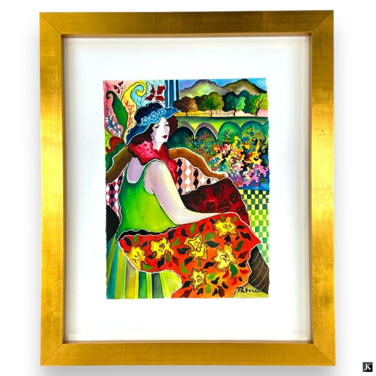 Patricia Govezensky, Israel W/C "Colorful Lady": Patricia Govezensky, Israel (b. 1961) Watercolor on deckled paper "Colorful Lady". Signed "Patricia" lower right. Framed and under glass screen. Very good condition. Measures 15-1/8" x 11-1/4", frame 