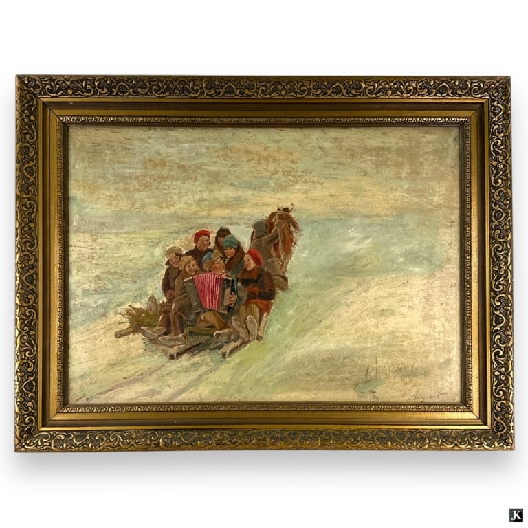 Signed Ledyaev Russian Sled Scene Oil On Board (1 of 5)