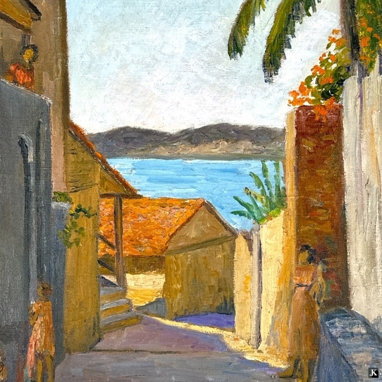 Hildegarde Hamilton (USA 1898-1970) Oil On Canvas: Hildegarde Hume Hamilton (AMERICAN / FLORIDA / VIRGINIA, 1898 - 1970) oil painting on canvas depicting a San Juan townscape street scene. Signed to lower left. Titled to verso. Unframed. Canvas on str