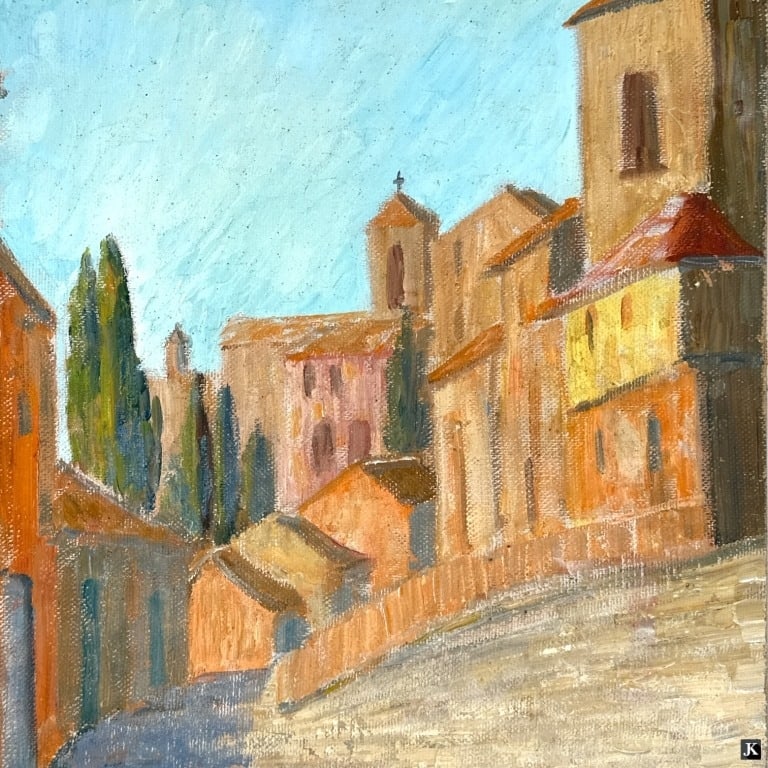 Hildegarde Hamilton (USA 1898-1970) Oil On Canvas: Hildegarde Hume Hamilton (AMERICAN / FLORIDA / VIRGINIA, 1898 - 1970) oil painting on canvas depicting a townscape scene. Signed to lower right. Unframed. Canvas on stretcher measures approx. 18" heig