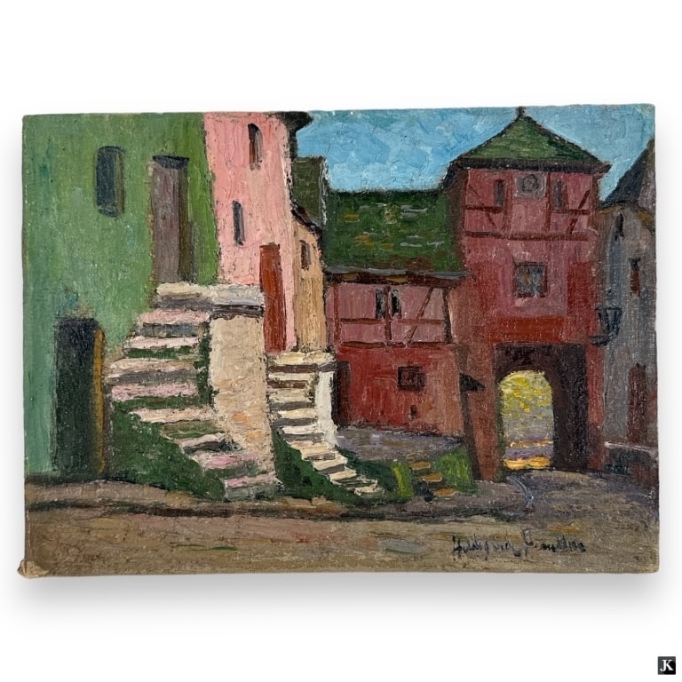 Hildegarde Hamilton (USA 1898-1970) Oil On Canvas: Hildegarde Hume Hamilton (AMERICAN / FLORIDA / VIRGINIA, 1898 - 1970) oil painting on canvas depicting a Normandy townscape architecture scene. Signed to lower right. Unframed. Canvas on stretcher mea
