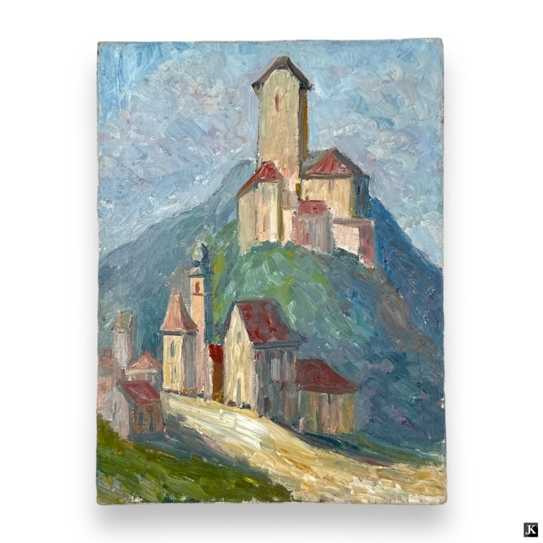 Hildegarde Hamilton (USA 1898-1970) Oil On Board: Hildegarde Hume Hamilton (AMERICAN / FLORIDA / VIRGINIA, 1898 - 1970) oil painting on canvas board depicting a townscape architecture scene. Signed to verso and denoted as from the estate of the artis