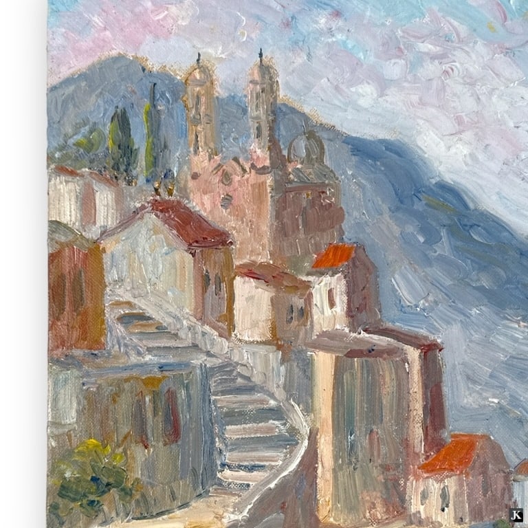 Hildegarde Hamilton (USA 1898-1970) Oil On Board: Hildegarde Hume Hamilton (AMERICAN / FLORIDA / VIRGINIA, 1898 - 1970) oil painting on artist canvas board depicting a townscape architecture scene with a view of a cathedral. Signed to lower right. Un