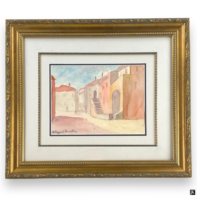 Hildegarde Hamilton Watercolor on Paper: Hildegarde Hume Hamilton, American (1898 - 1970) Watercolor on paper "Quiet Street". Signed lower left. Framed under glass in decorative gilt frame. Image (sight) measures 8-1/2" x 11-1/2", overall wi
