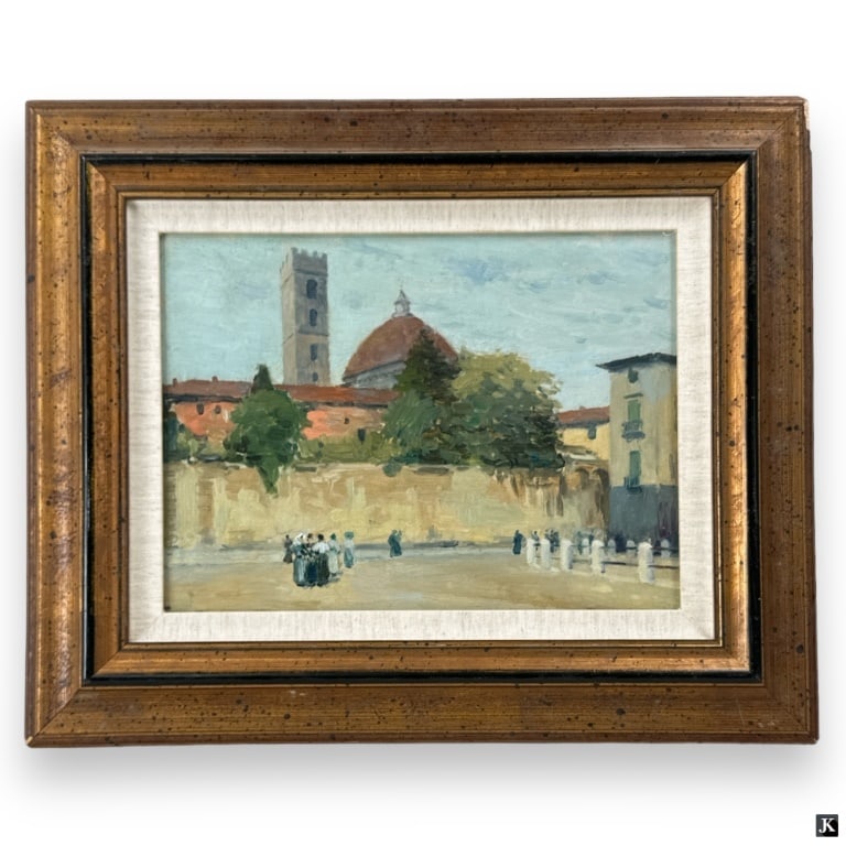 Bernard Harrison Oil/Board "Bapistery, Lucia": Bernard Harrison, British (1871 - 1956) Oil on board "Bapistery Lucia" Unsigned, Gallery Label verso. Some typical craquelure or in good antique condition. Measures 10-1/4" x 13-3/4", frame measures 1