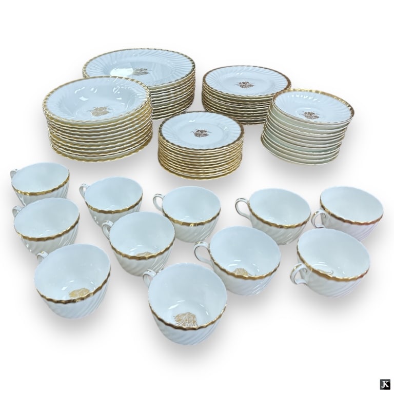 71 Pc Minton Gold Crocus Bone China Dinnerware Set: 71 Piece Minton Gold Crocus Bone China Dinnerware Set. Set includes: 12 dinner plates 10-5/8", 12 salad plates 8", 12 rim soup bowls 7-3/4", 12 bread & butter plates 6-1/4" (1 with hairline), 11 flat