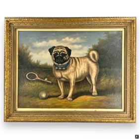Signed Antique Oil on Canvas "Pug Portrait"