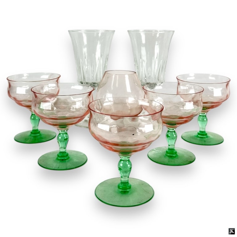 8 Pcs Assorted Vintage Stemware: 8 Pcs Assorted Vintage Stemware. Lot includes: 5 pink and green coupes, 1 small brandy, 2 wine glasses. Unmarked. 2 wineglasses measure 7" H. Good condition. JD/B13/SH:1B