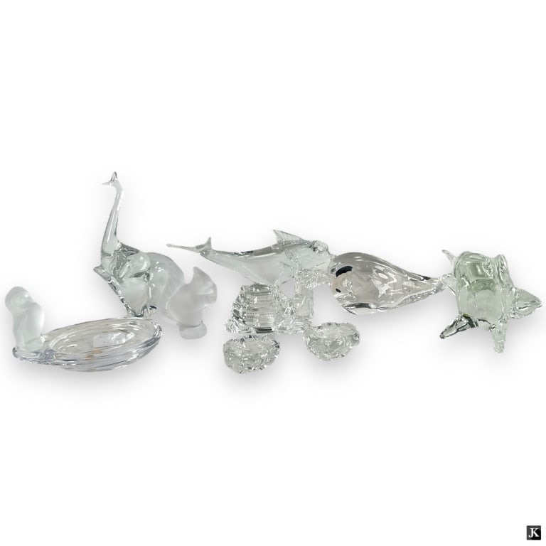 Group of 9 Art Glass Animals and Salts: Group of 9 Art Glass Animals and Pair of Open Salts. The lot includes: signed Zanetti Frog 4-3/4", unsigned fish 3-3/4" x 10", signed whale 3-1/4" x 8-1/2", Waterford camel 3" H. unsigned frosted glas