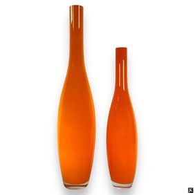 2 Modern Orange Art Glass Vases