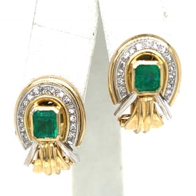 18K Yellow Gold Emerald & Diamond Earrings
