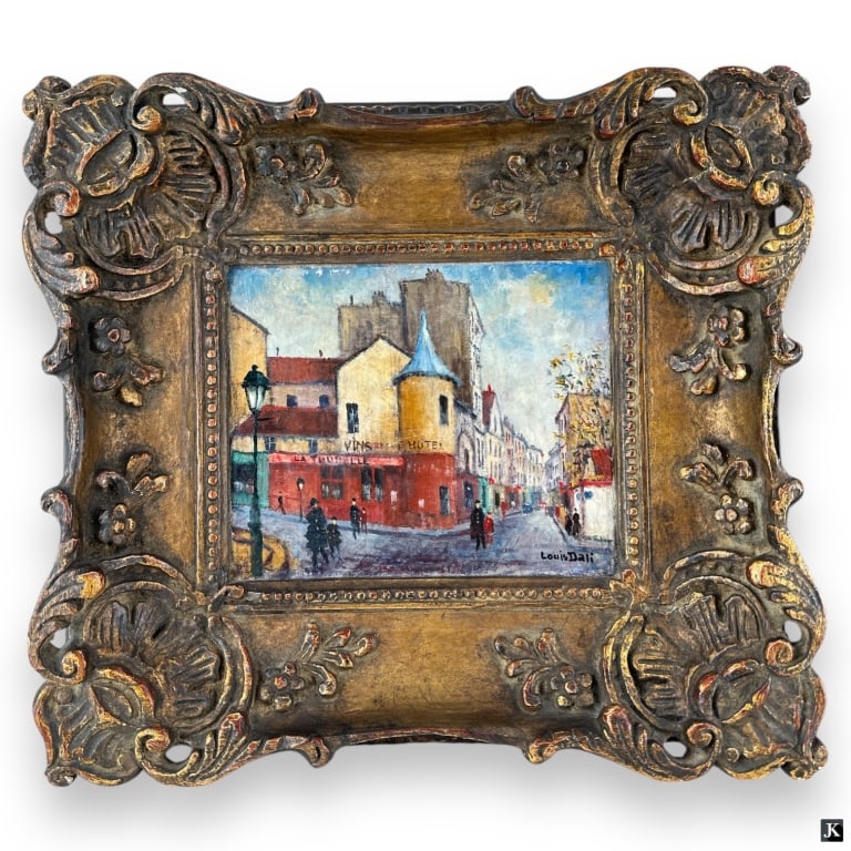 Louis Dali Oil on Canvas "Paris Street Scene": Louis Dali, French (1905 - 2001) Oil on canvas "Paris Street Scene". Signed lower right. Bio affixed verso. In ornate frame. Good condition. Measures 9" x 11", frame measures 18" x 20". LA/B13/SH: