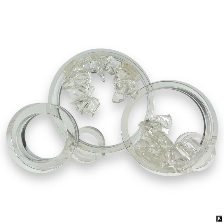 Fay Miller Art Glass Sculpture "Clear Circles": Fay Miller (American) Contemporary Art Glass Sculpture "Clear Circles". No visible signature. Good condition with only minor scuffs on bottom from display and handling. Measures 11" H x 18" W x 7" D. 