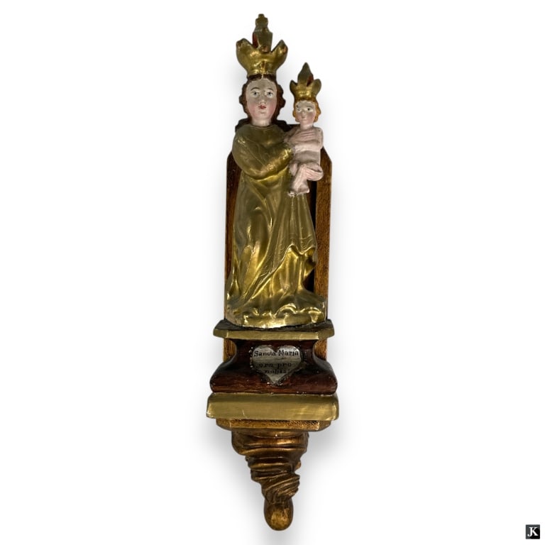 Antique Carved Wood Bohemian Madonna of Grace: Antique Carved Wood polychrome painted Bohemian Madonna of Grace figure. Accompanied by modern carved wood sconce base. Unsigned. Good condition. Figure measures 17" x 5-1/2" x 3-1/2", base measures 1