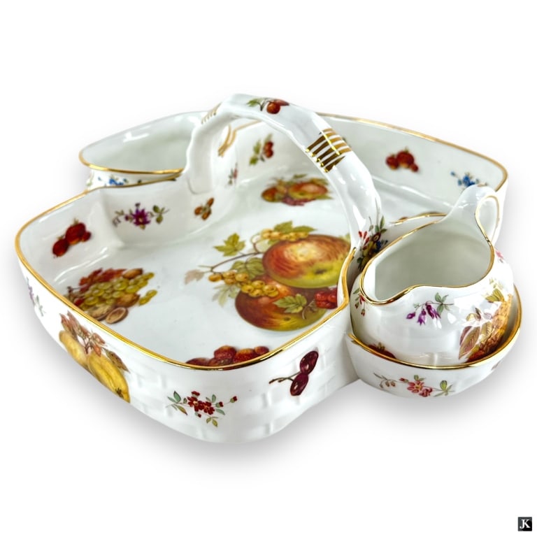 3 Pc Hammersley Breakfast Basket Set: 3 Pc Hammersley Breakfast Basket Set. Includes basket, creamer and sugar bowl. Marked appropriately. Good condition with no chips, cracks, repairs. Basket measures 10.25” long and 11.25” w