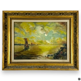 Post Impressionist Oil on Canvas Board "Galleons"