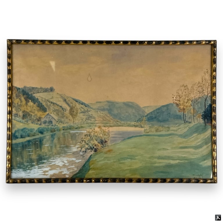 Antique Czech Watercolor on Paper "Landscape": Antique Czech Watercolor on Paper "Landscape". Signed lower right Hudsky? Framed under glass screen. Toning consistent with age or in good condition. Measures 12-3/4" x 19", frame measures 13-3/4" x 2