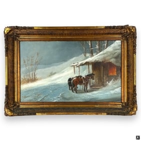 R. Vening Oil on Canvas "Horses, Snowy Cabin"