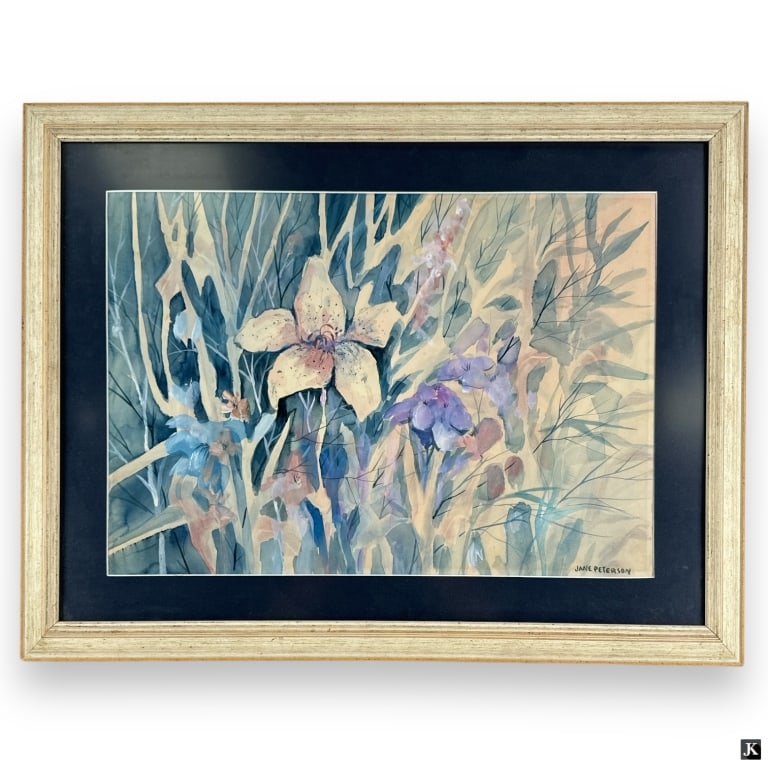 Jane Peterson, Floral Watercolor, Signed: Jane Peterson (American, 1876-1965) Floral Watercolor on Paper. Signed lower right. Framed, under non-glare glass screen. Toning from age or in good condition. Measures 14" x 20" (sight), frame measur