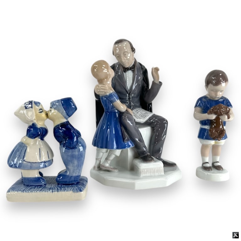 Lot of 3 B&G Bing & Grondahl & Dutch Figurines: Lot of 3 B&G Bing & Grondahl & Dutch Figurines. Group includes: Bing & Grondahl #2037 Hans Christian Andersen Reading to Girl 9" (loss to finger) , B & G #1747 Boy with Puppy 7" (repaired), Handmade D