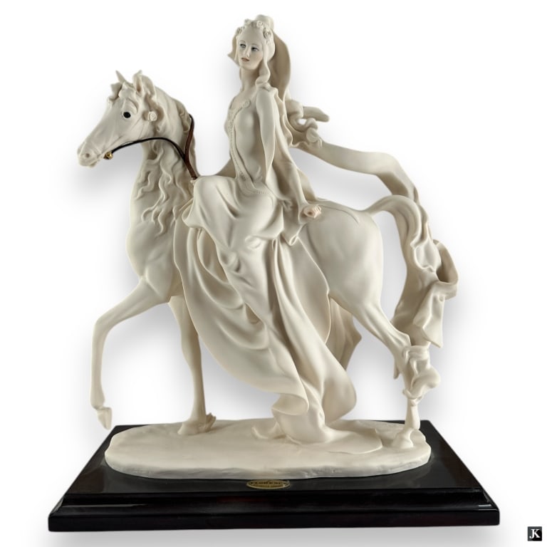 Giuseppe Armani – LADY ON HORSE – 0695F: Sculpture by Giuseppe Armani, titled “LADY ON HORSE”, Reference # 0695F Figurine is in perfect condition, "F" Finish, attached to wooden base. Impress artist signature. Marked made in Ital