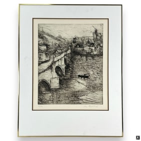 Vintage Etching "Continental River Scene"