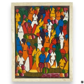 Vintage Haitian Oil on Canvas "Marketplace"