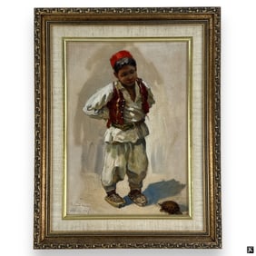 Antique Albanian Oil/Board "Boy with Turtle"