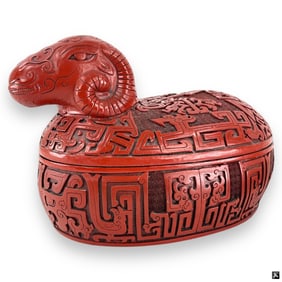 Chinese Carved Cinnabar Ram Covered Box