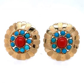 18K Yellow Gold Turquoise & Coral Earrings