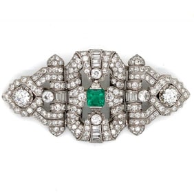 Art Deco Platinum Emerald & Diamond Brooch