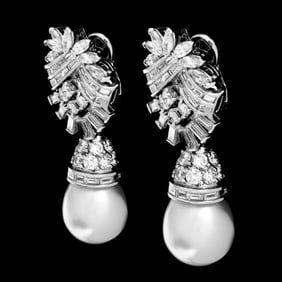 Art Deco Platinum South Sea Pearl & Diamond Earrin