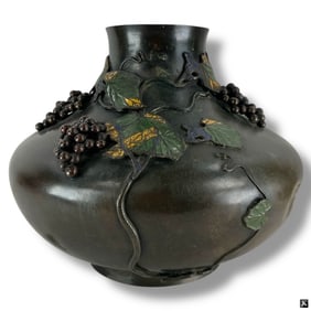 Signed Japanese Meiji Bronze High Relief Vase
