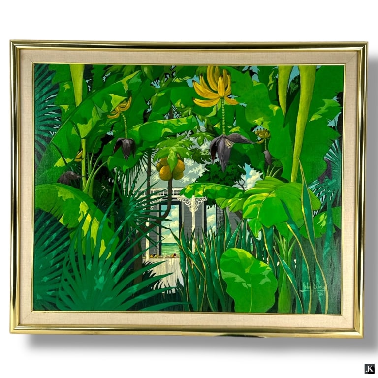 John Kiraly Acrylic on Canvas "Glimpse of the Sea": John Kiraly, American (b. 1943) Acrylic on Canvas "Glimpse of the Sea". Gold tone frame. Signed and dated '80 lower right. Good condition. Measures 32" x 39-1/2", frame measures 37-1/4" x 45". LA/B13/